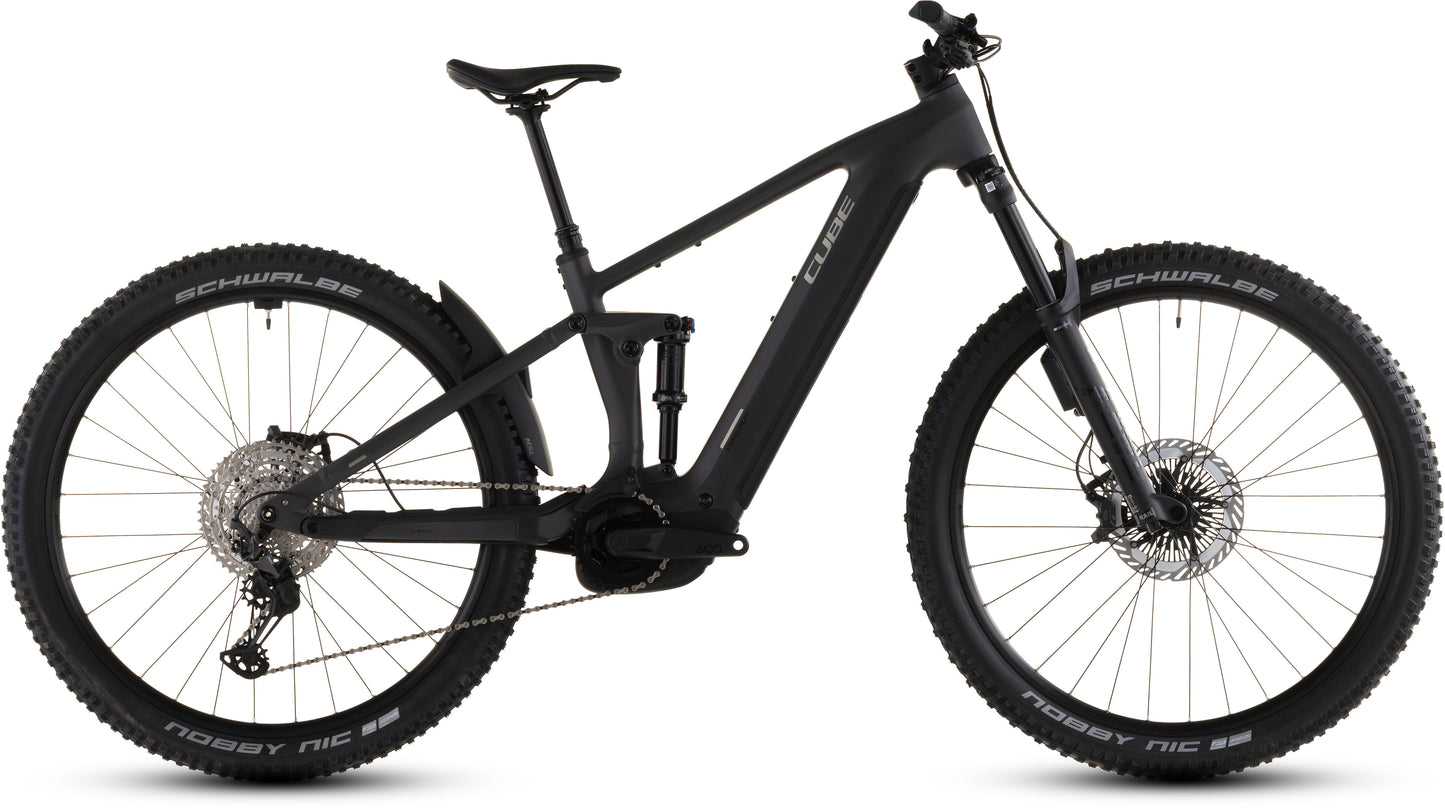 Das CUBE Stereo Hybrid ONE44 EXC 800 irongrey'n'chrome 2026 ist ein elektrisches Mountainbike mit Vollfederung, Stollenreifen, Scheibenbremsen und einem Bosch CX Motor mit 800 Wh PowerTube Akku, abgebildet vor einem weißen Hintergrund.