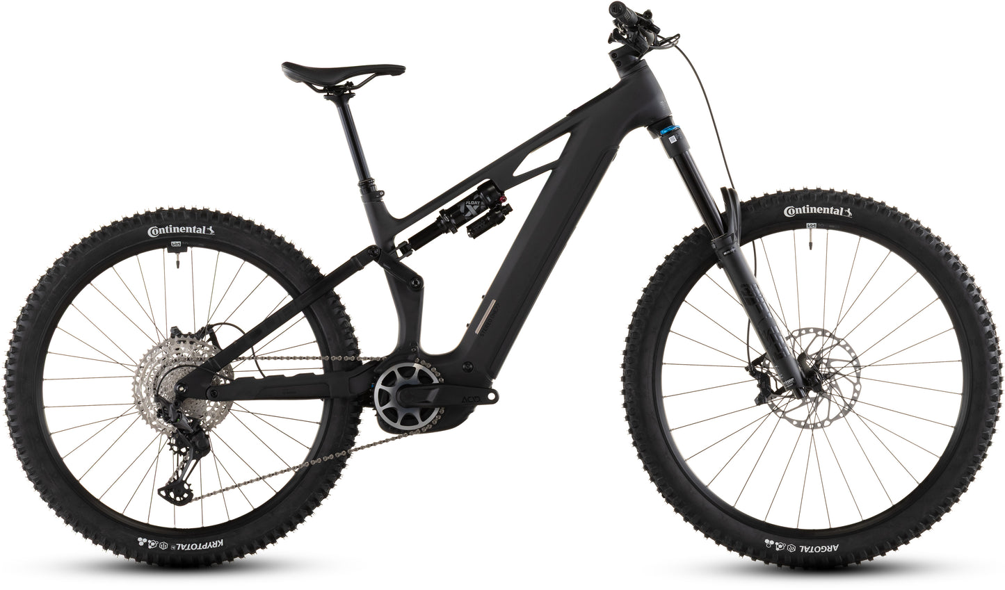 Das CUBE Stereo Hybrid ONE77 HPC SLX 800 blackline 2026 ist ein schwarzes E-MTB mit 170 mm Federweg, Vollfederung, Bosch CX-Motor, großen Stollenreifen, Scheibenbremsen und einem stabilen Rahmen, der seitlich vor einem weißen Hintergrund abgebildet ist.