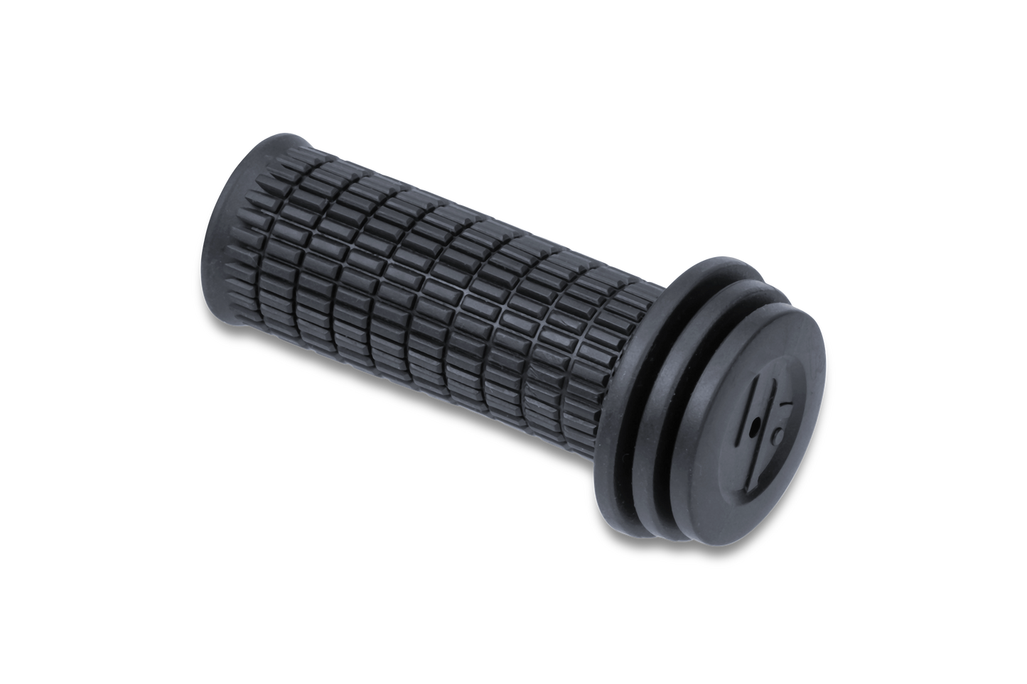 Die ACID Griffe KIDS 22.2 schwarz von ACID zeichnen sich durch ein strukturiertes, gitterartiges Design und einen runden Flansch für Komfort aus, ideal für die Verwendung mit Drehgriffschaltung. Abgebildet vor einem hellgrauen Hintergrund.