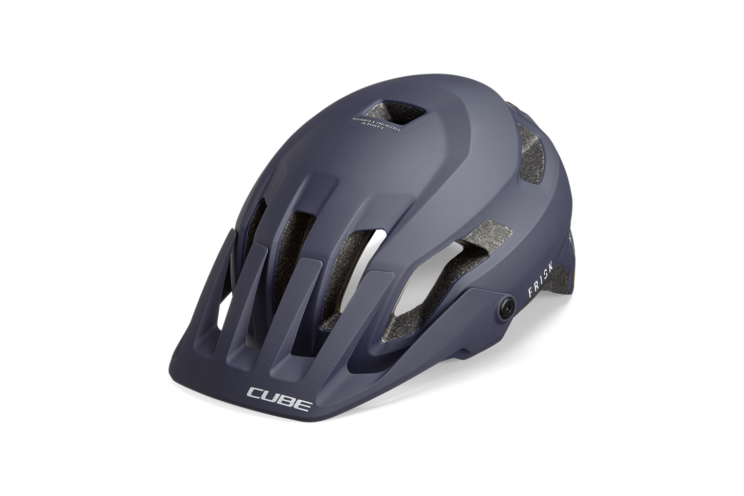 Der Cube CUBE Helm FRISK ist ein dunkelgrauer MTB-Trailhelm mit kantigen Belüftungsöffnungen, einem Visier und MIPS-Technologie für fortschrittlichen Kopfschutz beim Radfahren.