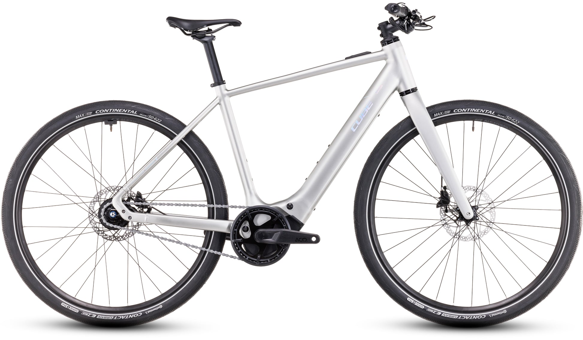 Das CUBE Editor Hybrid SLX 400X sleekgrey'n'spectral 2025 ist ein modernes silbernes E-Bike mit einem Bosch SX E-Motor, leichtem Rahmen, flachem Lenker, Shimano 8-Gang-Nabenschaltung, Scheibenbremsen und dicken Reifen in der Seitenansicht auf Weiß.
