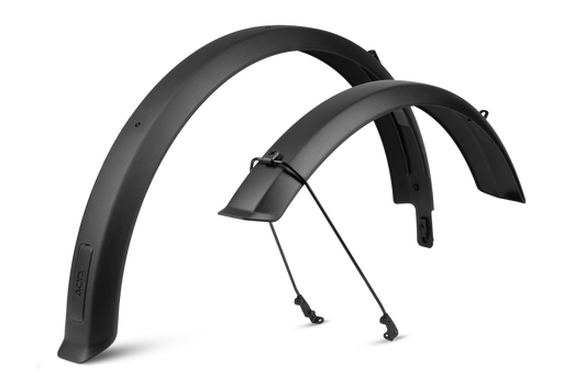 Das ACID Schutzblechset SIC 2.0 84 29" BB Mount black von ACID besteht aus zwei schwarzen Schutzblechen mit Stützstreben für 29" Mountainbikes, die hochkant und angewinkelt vor weißem Hintergrund dargestellt sind.