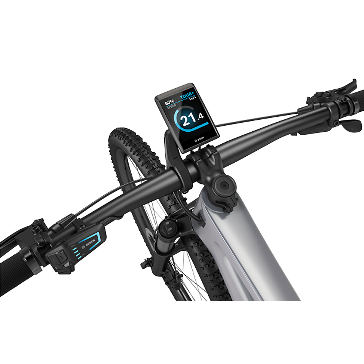 Nahaufnahme des Bosch Display Kiox 500 (BHU3700) schwarz von Bosch am Lenker eines Fahrrads, das auf seinem hellen TFT-Display einen Akkustand von 80 %, eine Geschwindigkeit von 21,4 km/h und den Modus "Tour" anzeigt. Das Fahrrad hat ein schlankes, modernes Design.