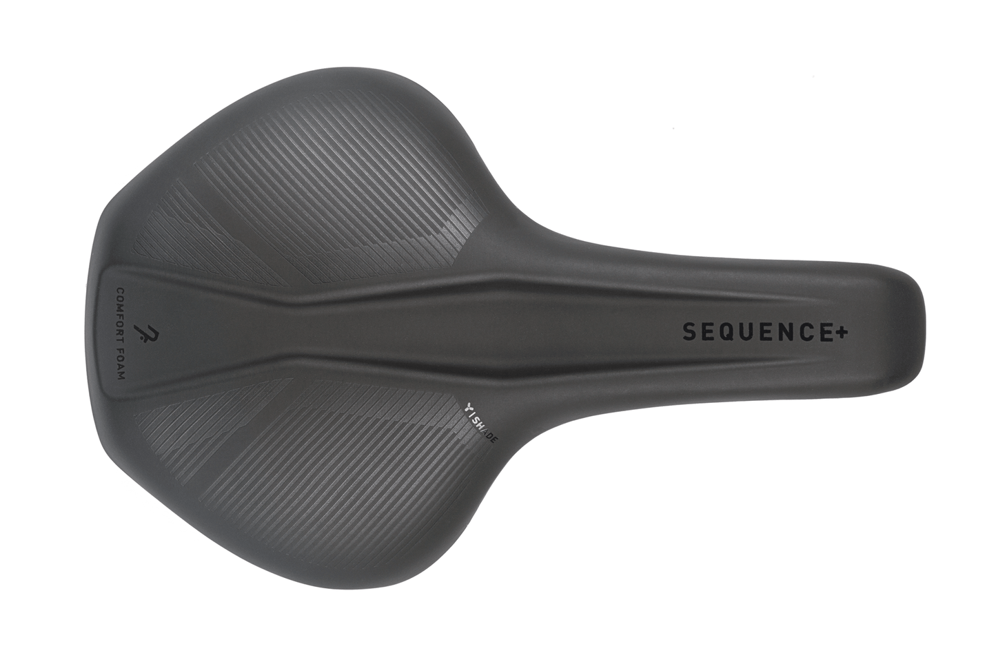 Draufsicht auf den Natural Fit Sattel Sequence+ Regular von Natural Fit in Schwarz, mit SEQUENCE+ auf der rechten Seite, COMFORT FOAM auf der linken Seite und einem strukturierten ergonomischen Design, das die komfortorientierte Natural Fit Designline unterstreicht.