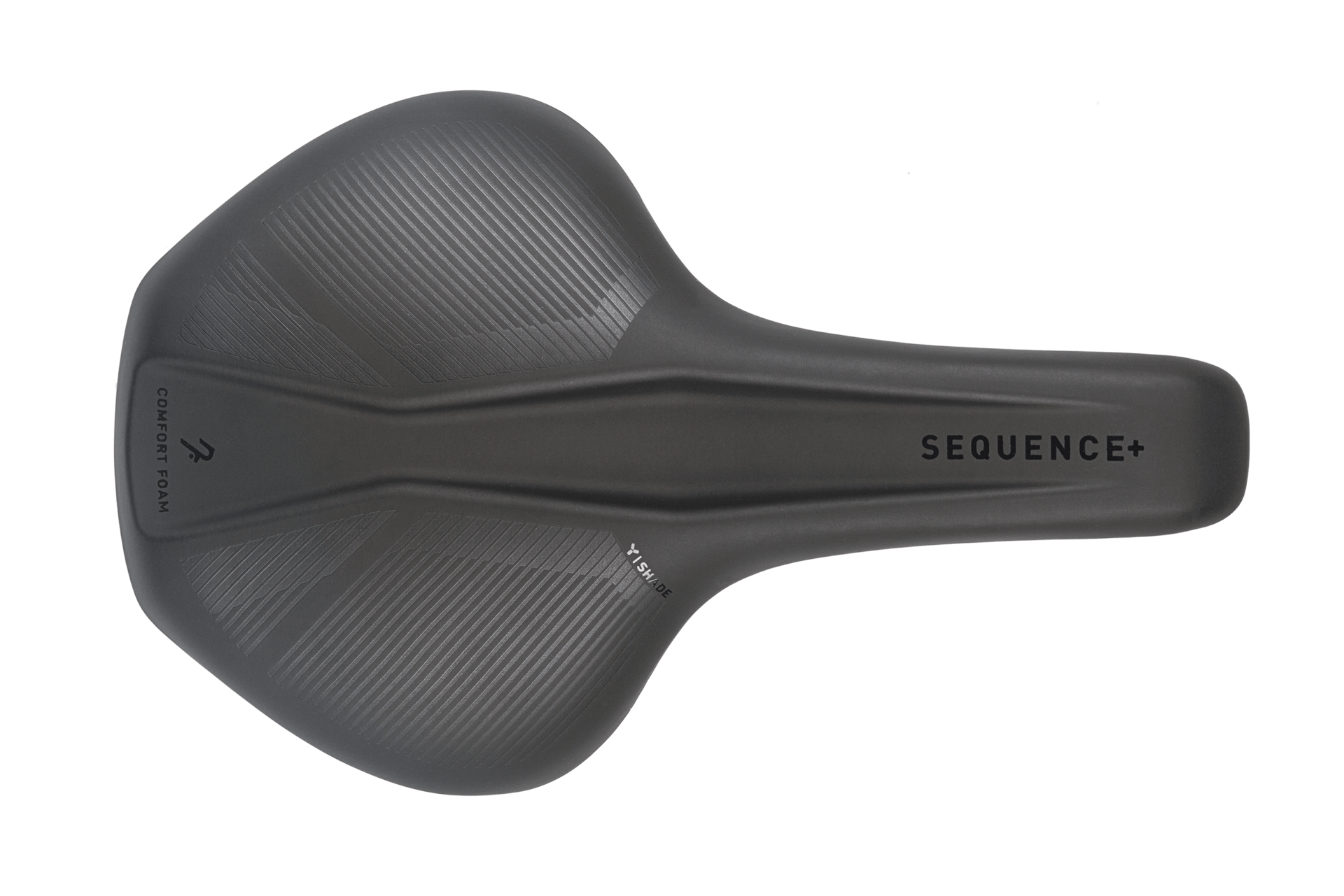 Draufsicht auf den Natural Fit Sattel Sequence+ Regular von Natural Fit in Schwarz, mit SEQUENCE+ auf der rechten Seite, COMFORT FOAM auf der linken Seite und einem strukturierten ergonomischen Design, das die komfortorientierte Natural Fit Designline unterstreicht.