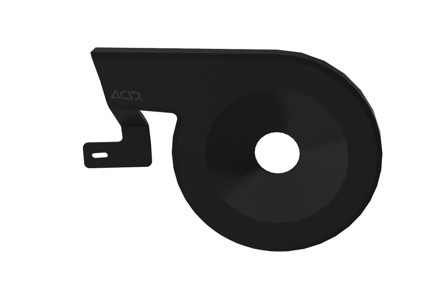 Der ACID Kettenschutz IC 3.0 Hybrid Trekking ist ein schwarzer, runder Fahrradkettenschutz aus Metall mit flachem Arm und ausgeschnittener Halterung, der für Kathmandu Hybrid-Modelle entwickelt wurde und den ACID-Markennamen auf der Seite trägt.