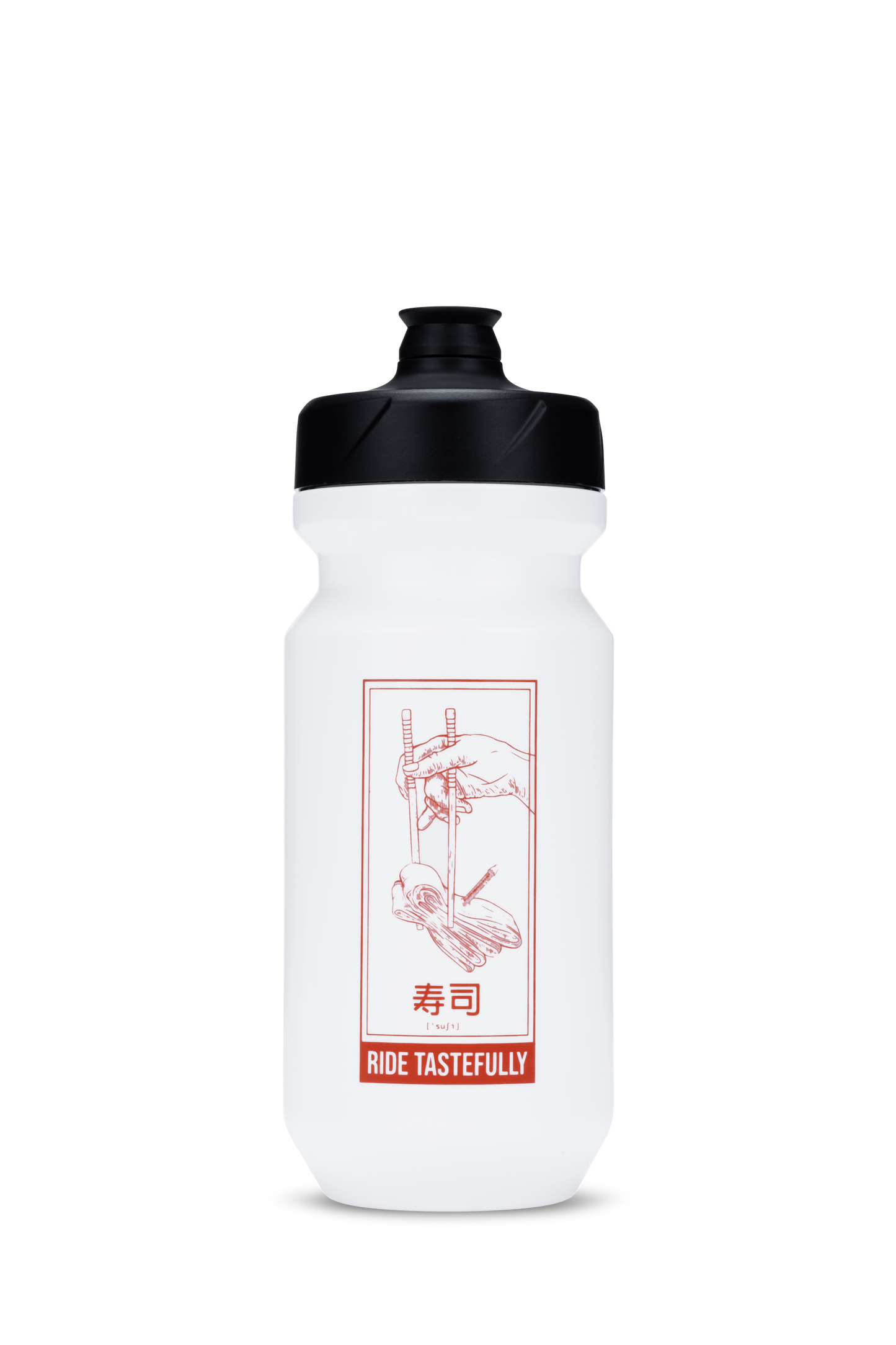 Die weiße Cube CUBE Trinkflasche Flow 500 hat einen schwarzen Push-Pull-Ventil und eine rote Strichzeichnung von Essstäbchen, die Sushi über Nudeln halten, darunter sind japanische Schriftzeichen und "RIDE TASTEFULLY" aufgedruckt.