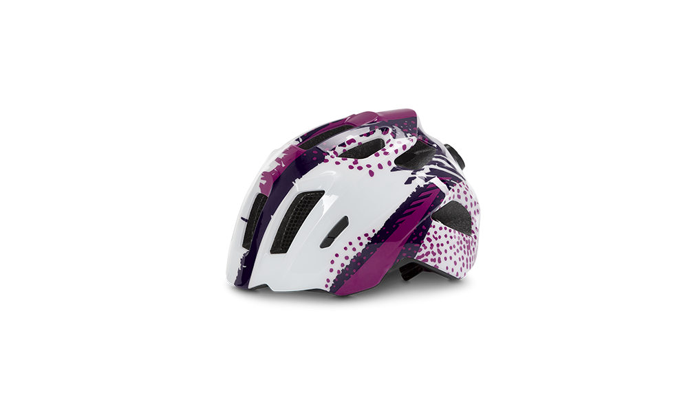 Weißer und lilafarbener Cube CUBE Helm FINK Kinderfahrradhelm mit schwarzen Belüftungsöffnungen und gepunktetem Muster, abgebildet auf schwarzem Hintergrund.