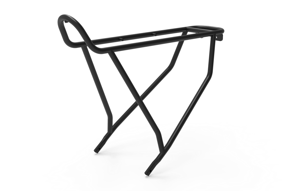 Der ACID Gepäckträger NUROAD Gravel von ACID ist ein schwarzer, klappbarer Metallträger mit gekreuzten Beinen und einem rechteckigen Rahmen, ideal für Ihr nächstes Kieswochenende, abgebildet auf einer weißen Fläche mit seinem Schatten darunter.