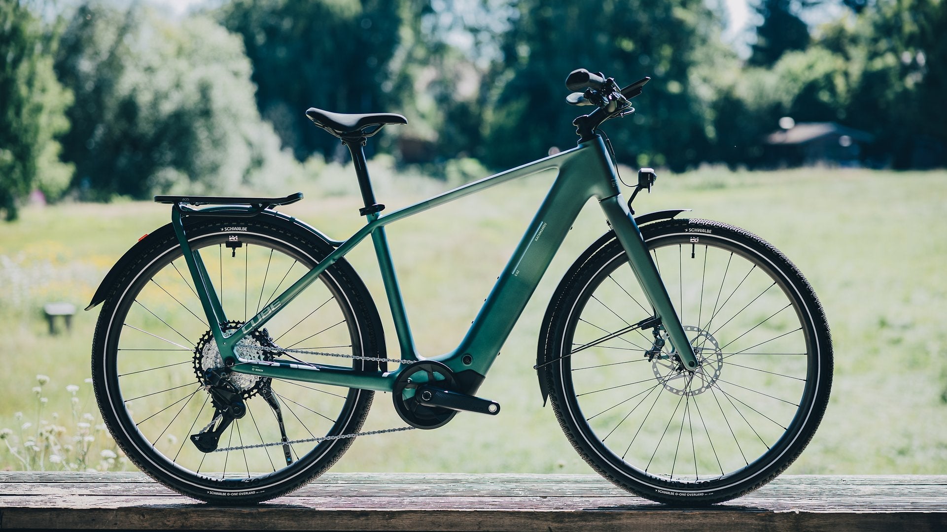 Grünes Fahrrad in der Seitenansicht, vor einer grünen Wiese