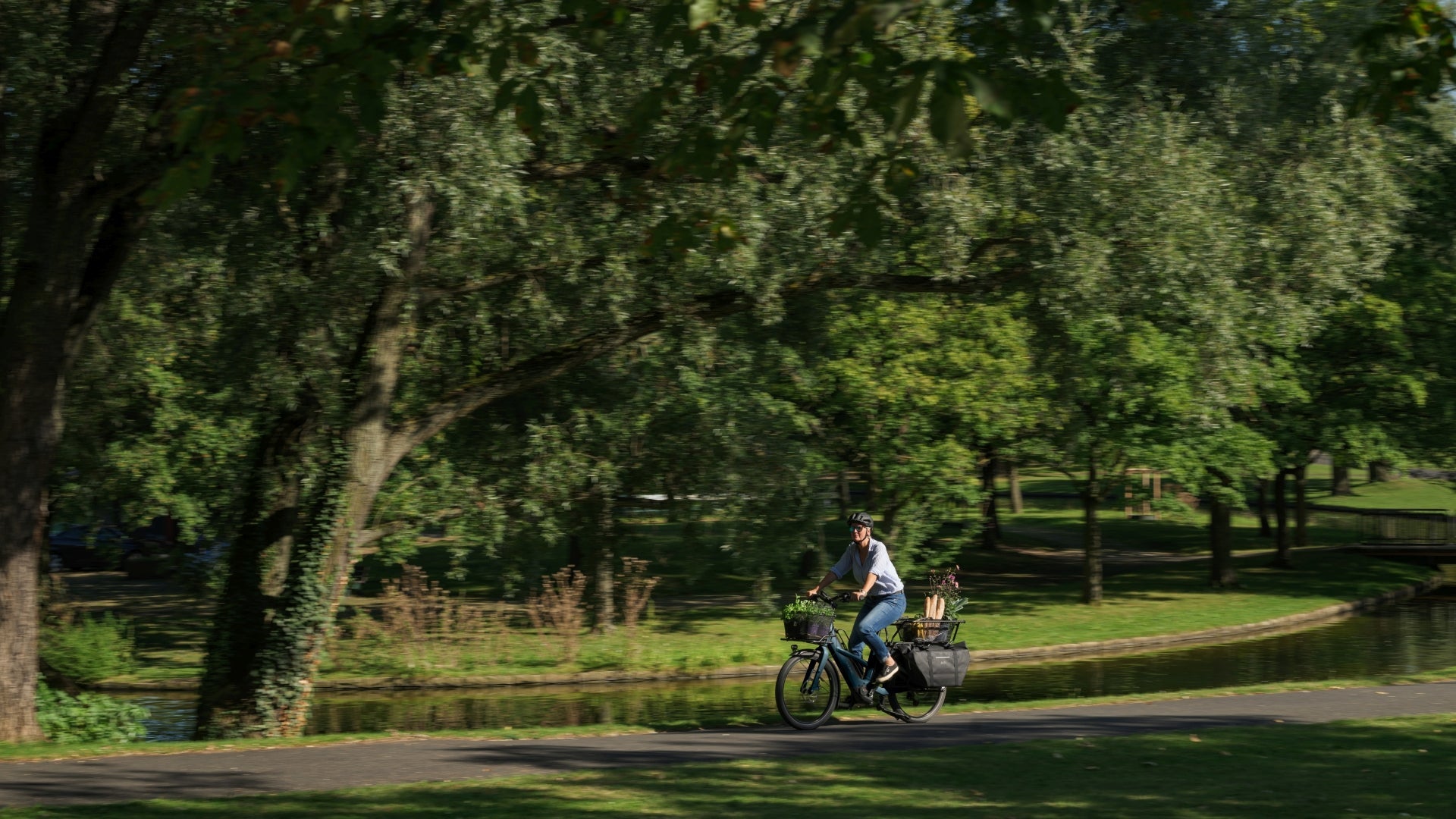 Mensch auf Lastenrad in einem Park  