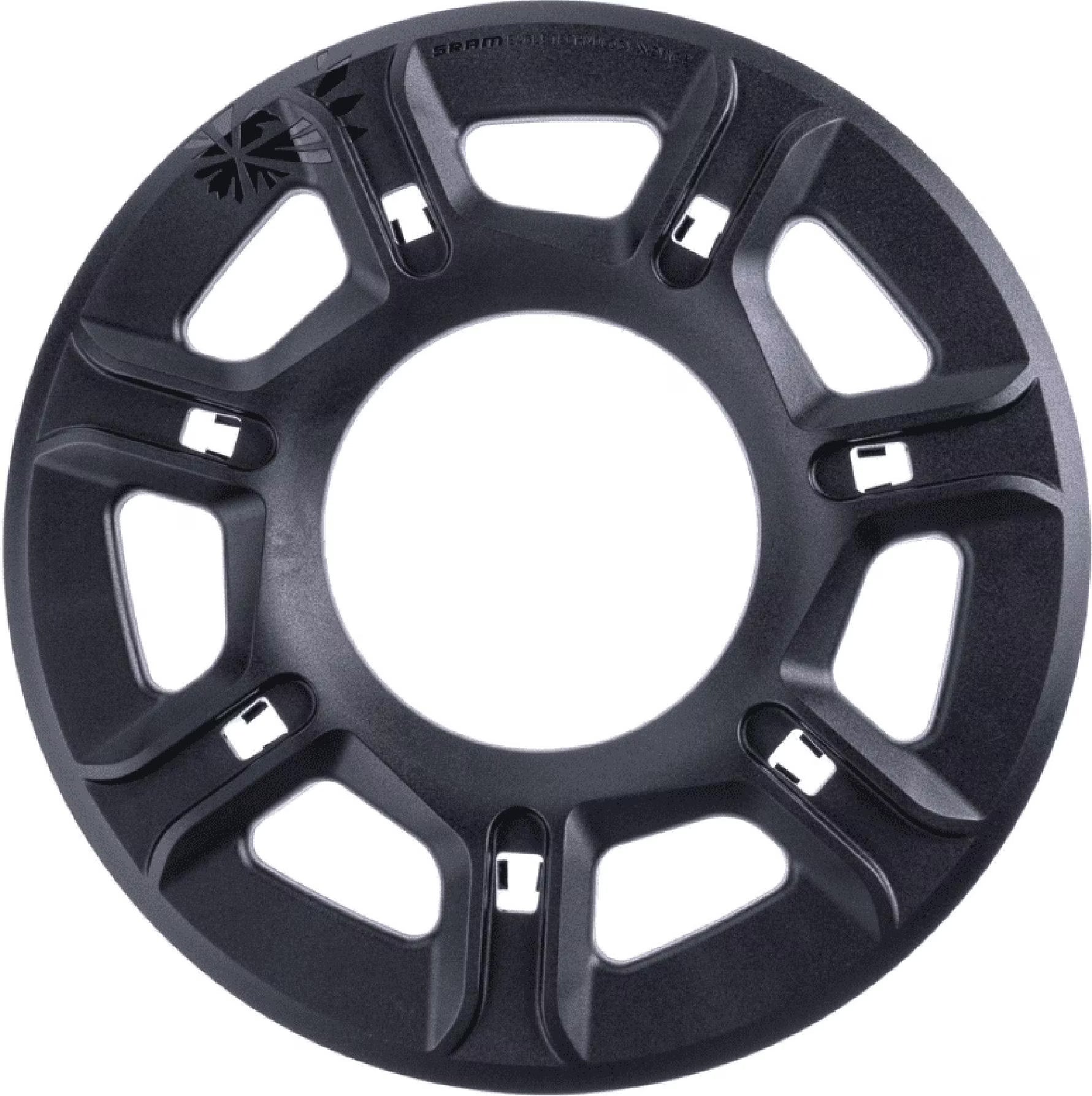 Der Bosch Sram Kettenschutzring Aeroguard Gen4 direct mount 36/38Z ist ein schwarzer, runder Kettenschutz mit mehreren Aussparungen und einem matten Finish, der für die Verwendung mit SRAM Eagle-Kettenblättern und Bosch-Antrieben konzipiert ist.