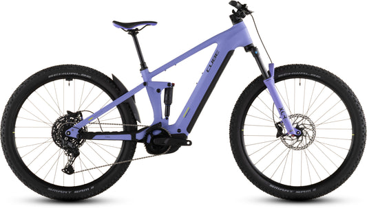 Das CUBE Stereo Hybrid ONE22 Pro 800 lucidlilac'n'lime 2026 ist ein modernes lilafarbenes E-Mountainbike mit stabilem Rahmen, großen Reifen, Scheibenbremsen, Bosch CX Antrieb, Vollfederung und integriertem Unterrohr-Akku, seitlich vor weißem Hintergrund.