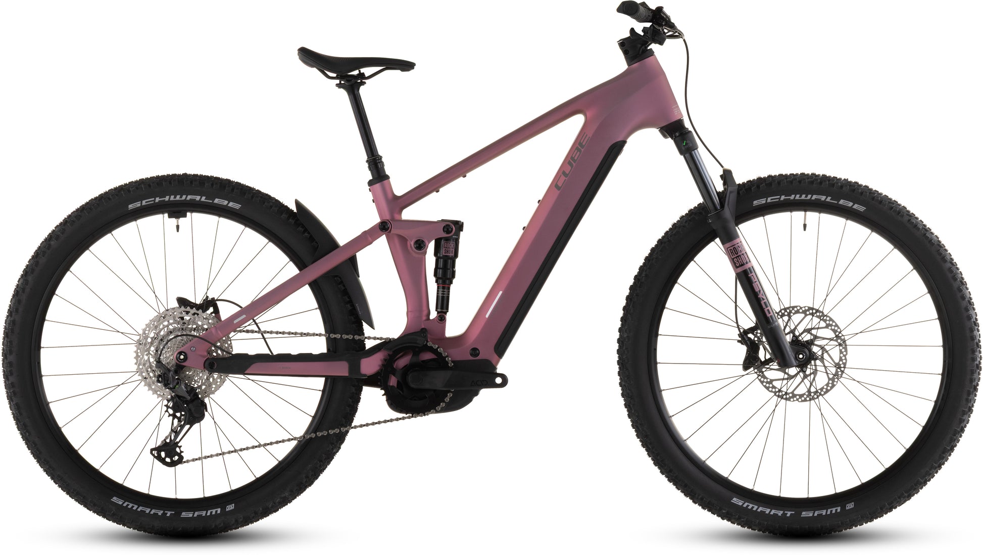 Das CUBE Stereo Hybrid ONE22 Race 800 shiftblush'n'black 2026 ist ein modernes vollgefedertes E-Mountainbike mit dicken Reifen, Scheibenbremsen und einem leistungsstarken Bosch CX-Motor, hier im Seitenprofil auf weißem Hintergrund.