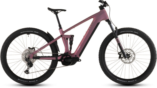Das CUBE Stereo Hybrid ONE22 Race 800 shiftblush'n'black 2026 ist ein modernes vollgefedertes E-Mountainbike mit dicken Reifen, Scheibenbremsen und einem leistungsstarken Bosch CX-Motor, hier im Seitenprofil auf weißem Hintergrund.