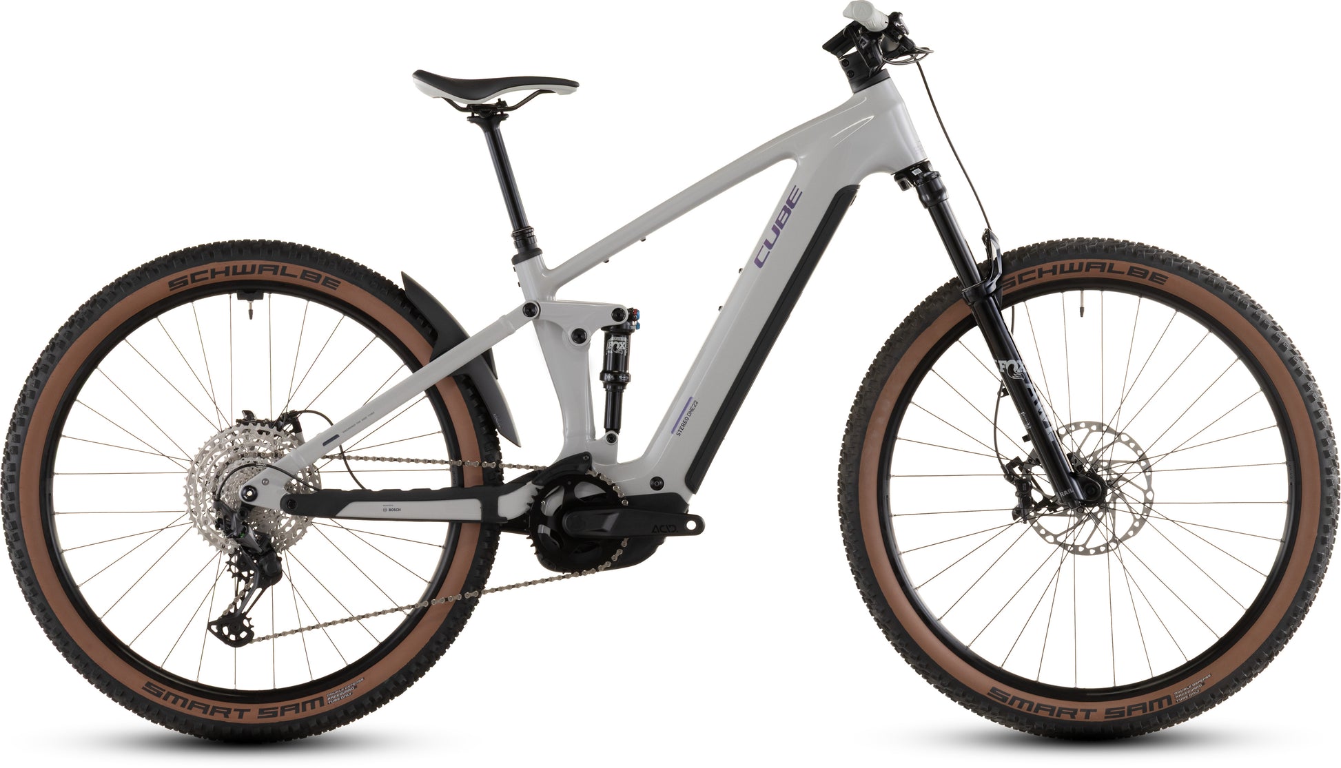 Das CUBE Stereo Hybrid ONE22 SLX 800 greige'n'switch 2026 ist ein modernes E-Fully mit einem Bosch CX-Mittelantrieb, Shimano XT-Schaltung, Vollfederung und Schwalbe-Reifen mit heller Flanke. Abgebildet im Seitenprofil auf weißem Hintergrund.