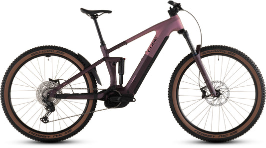 Das CUBE Stereo Hybrid ONE44 Pro 800 shiftblush'n'raisin 2026 ist ein modernes Elektro-Mountainbike mit Vollfederung, großen Stollenreifen, Scheibenbremsen und einem zentralen Bosch CX-Motor, abgebildet im Profil vor weißem Hintergrund.