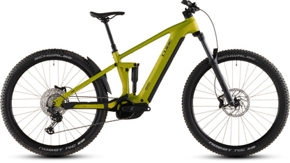 Das CUBE Stereo Hybrid ONE44 Pro 800 lizard'n'black 2026 ist ein vollgefedertes Mountainbike mit breiten Reifen, Scheibenbremsen, hinterem Stoßdämpfer, integriertem Rahmenakku und einem Bosch CX-Motor für sanfte, effiziente Fahrten.
