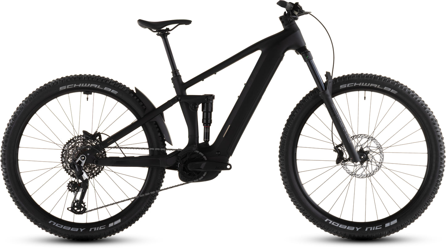 Das CUBE Stereo Hybrid ONE44 EX 800 blackline 2026 ist ein schwarzes, vollgefedertes E-MTB mit Schwalbe-Reifen, Scheibenbremsen, Zentralbatterie und Bosch CX Antrieb, abgebildet im Seitenprofil auf weißem Grund.
