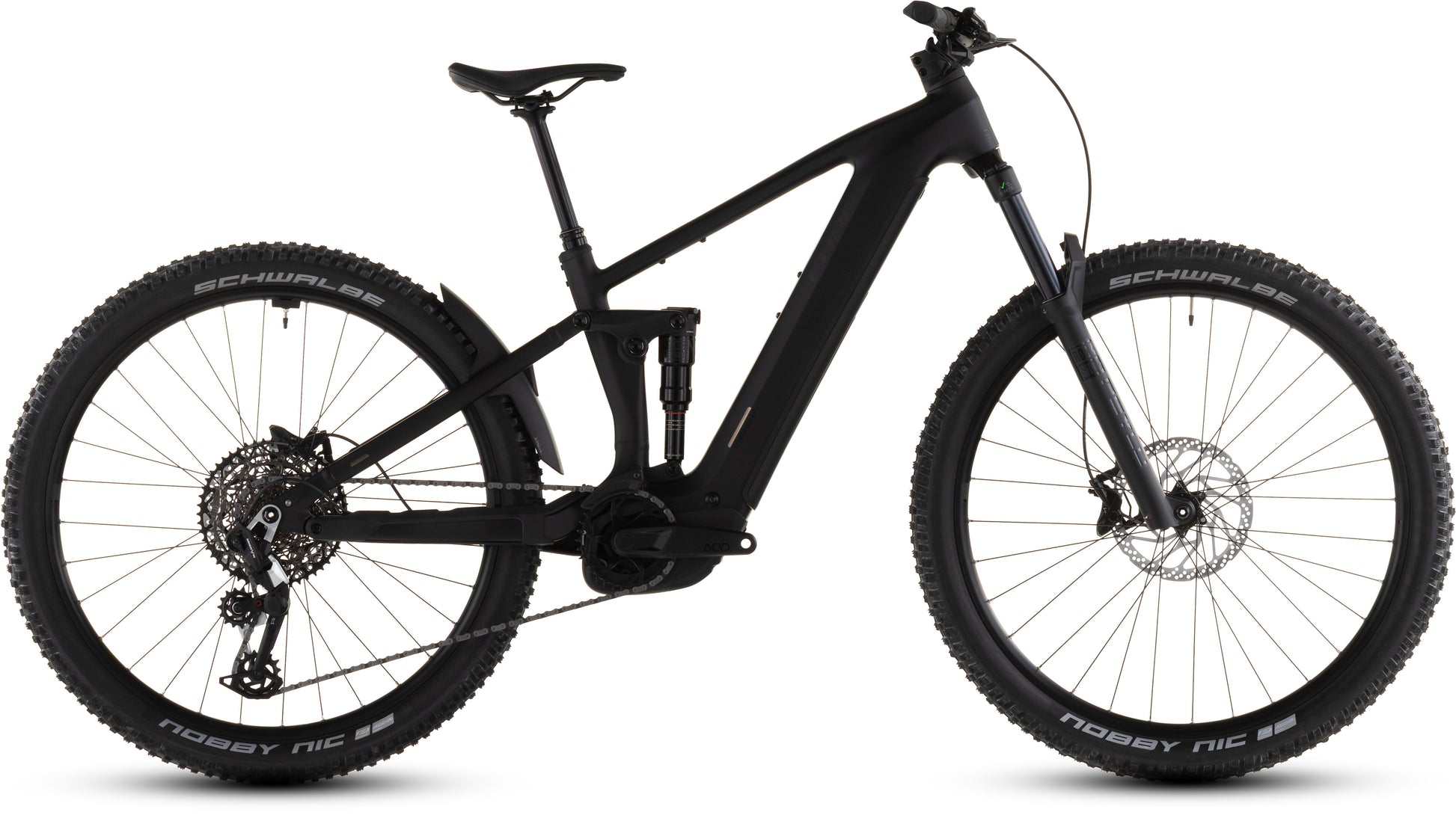 Das CUBE Stereo Hybrid ONE44 EX 800 blackline 2026 ist ein schwarzes, vollgefedertes E-MTB mit Schwalbe-Reifen, Scheibenbremsen, Zentralbatterie und Bosch CX Antrieb, abgebildet im Seitenprofil auf weißem Grund.