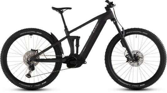 Das CUBE Stereo Hybrid ONE44 EXC 800 irongrey'n'chrome 2026 ist ein elektrisches Mountainbike mit Vollfederung, Stollenreifen, Scheibenbremsen und einem Bosch CX Motor mit 800 Wh PowerTube Akku, abgebildet vor einem weißen Hintergrund.
