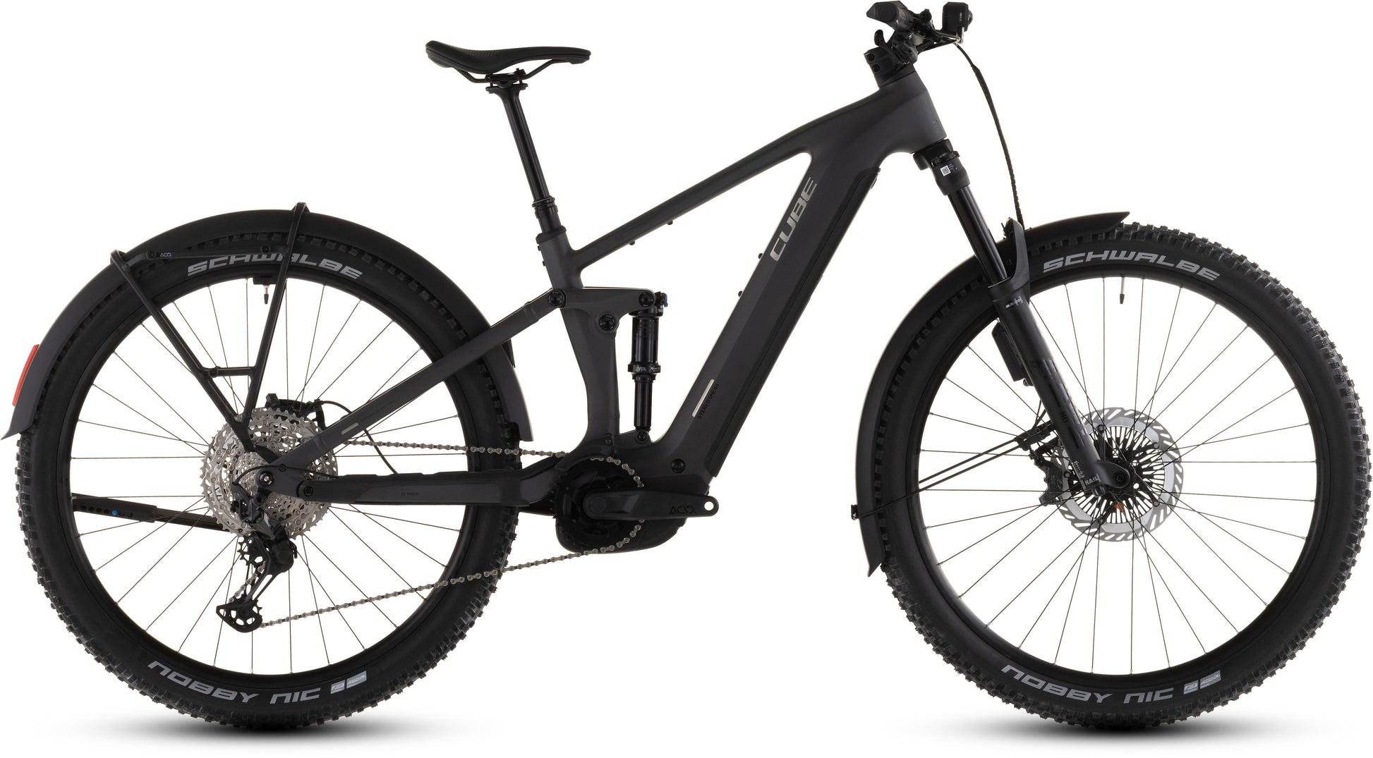 Das CUBE Cube Stereo Hybrid ONE44 EXC 800 FE irongrey'n'chrome 2026 ist ein mattschwarzes Elektro-Mountainbike mit dicken Stollenreifen, Bosch CX-Motor, integriertem Akku, Federung vorne und hinten, Scheibenbremsen und einem stabilen Seitenprofilrahmen.