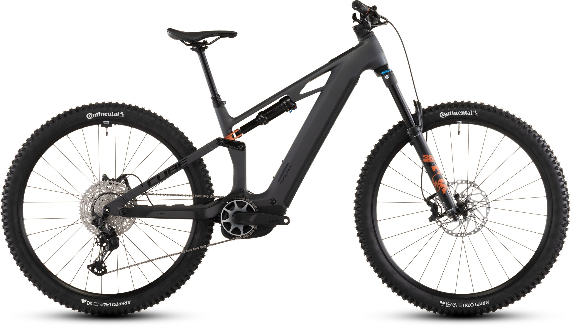 Das CUBE Stereo Hybrid ONE44 HPC SLX 800 slabgrey'n'orange 2026, ein vollgefedertes Elektro-Mountainbike mit Bosch CX Motor, Shimano XT Schaltung, Zentralakku und Dämpfern vorne/hinten, wird von der Seite auf weißem Hintergrund gezeigt.
