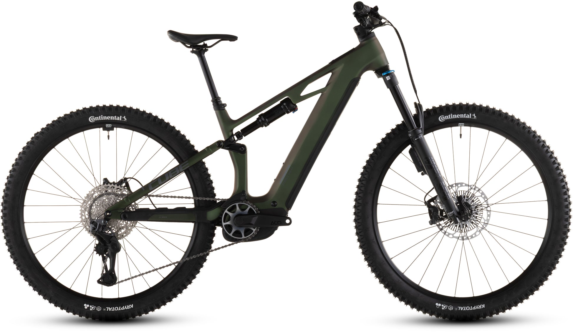 Das CUBE Stereo Hybrid ONE44 HPC SLX Evo 800 stellar'n'grey 2026 ist ein mattgrünes E-MTB mit großen Noppenreifen, Hinterradaufhängung, Scheibenbremsen und einem Bosch CX-Motor, dargestellt von der Seite auf weißem Hintergrund.