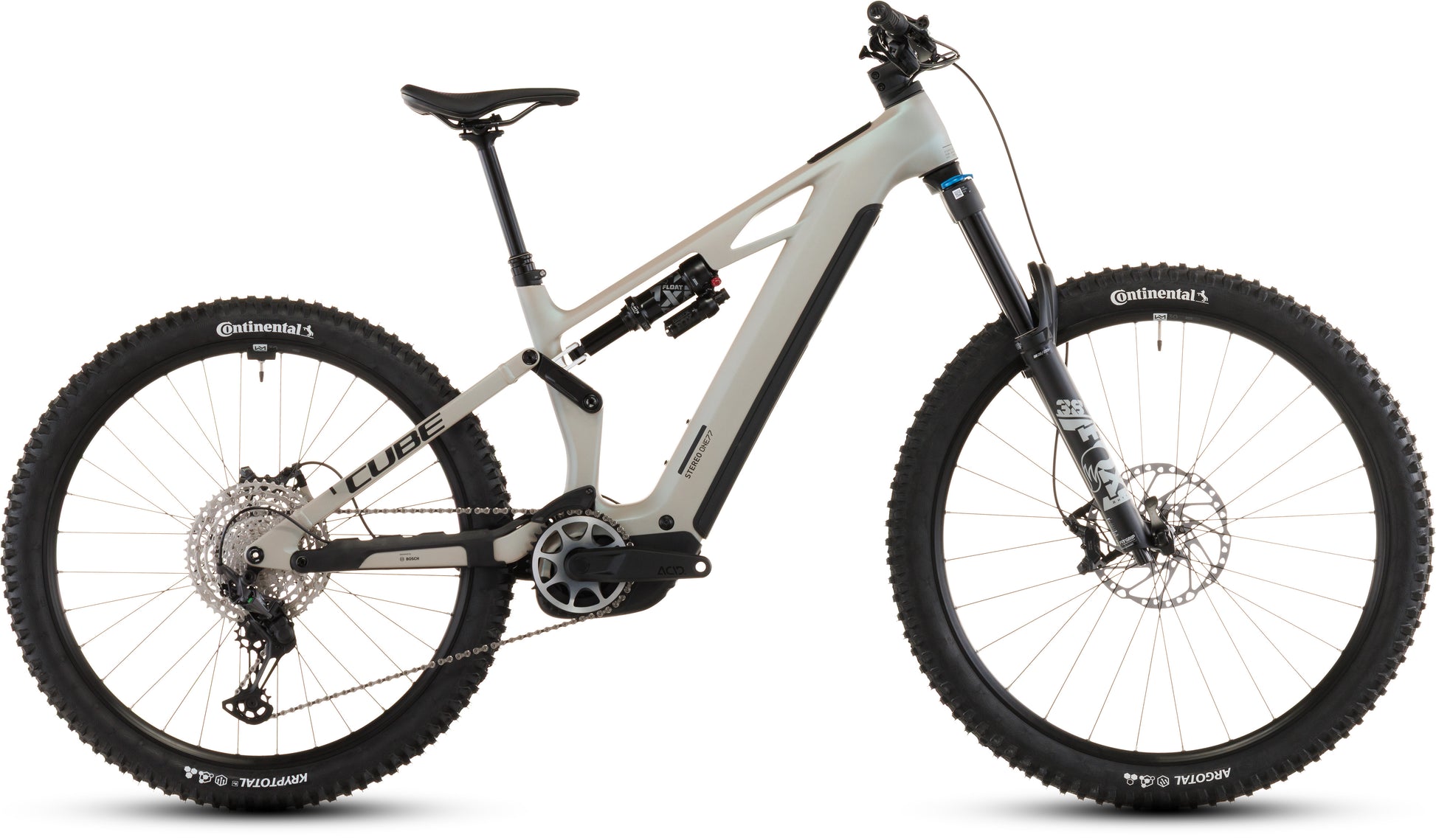 Das CUBE Stereo Hybrid ONE77 HPC SLX 800 glintsand'n'black 2026 ist ein modernes vollgefedertes E-MTB mit dicken Reifen, Bosch CX-Motor, Scheibenbremsen, Zentralbatterie und Fox-Federung, abgebildet in der Seitenansicht in Hellgrau/Schwarz auf weißem Grund.