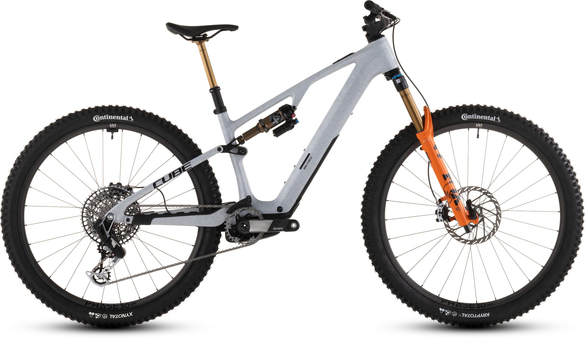 Das CUBE AMS Hybrid ONE44 C:68X SUPER TM 400X (foggrey'n'fibre, 2026) ist ein modernes All-Mountain-Bike mit grauem Carbonrahmen, orangefarbener Gabel, schwarzem Sattel, großen Stollenreifen, Scheibenbremsen und Dämpfer - perfekt für jedes Terrain.