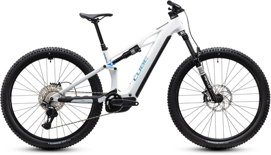 CUBE Stereo Hybrid ONE44 HPC Pro 800 E-Mountainbike Fully 2027 in metallicwhite und blue, Seitenansicht