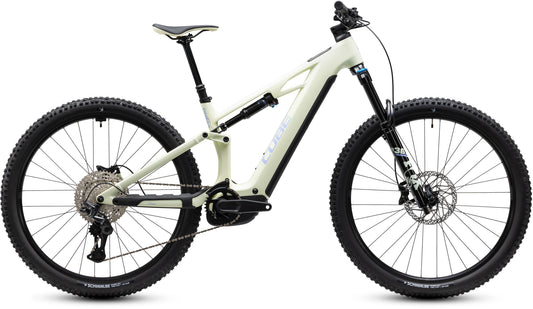 CUBE Stereo Hybrid ONE44 HPC Race 800 E-Mountainbike Fully 2027 in mellowyellow und lilac, Seitenansicht