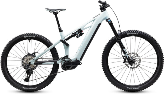 CUBE Stereo Hybrid ONE77 HPC SLX 800 E-Mountainbike Fully 2027 in hintofmint und orange, Seitenansicht