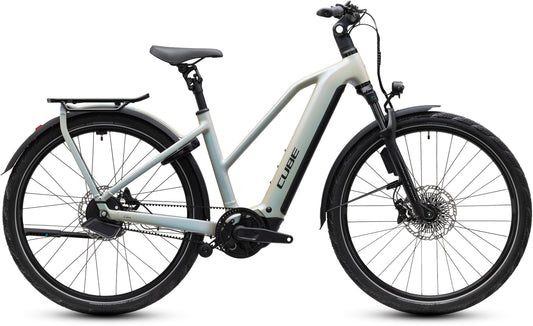 CUBE Kathmandu Hybrid Deluxe EXC 800 Trapeze E-Trekkingrad 2027 in glintsand und black, Seitenansicht