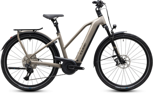 CUBE Kathmandu Hybrid SLX 800 Trapeze E-Trekkingrad 2027 in flashstone und chrome, Seitenansicht
