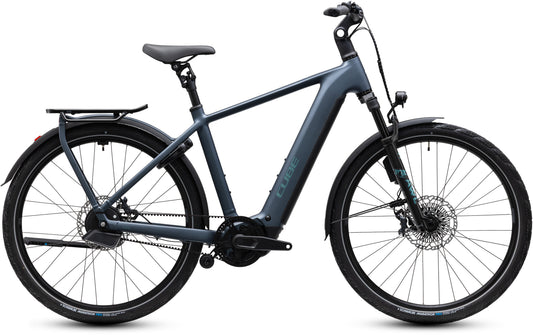 CUBE Kathmandu Hybrid Deluxe SLX 800 E-Trekkingrad 2027 in mineralblue und blue, Seitenansicht