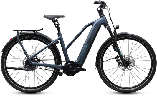 CUBE Kathmandu Hybrid Deluxe SLX 800 Trapeze E-Trekkingrad 2027 in mineralblue und blue, Seitenansicht