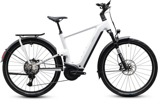CUBE Kathmandu Hybrid ONE11 HPC SLX 800 E-Trekkingrad 2027 in metallicwhite und prizm, Seitenansicht