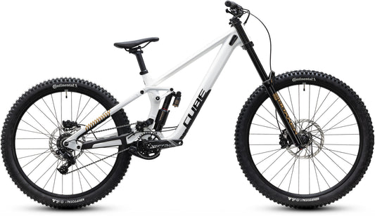 CUBE TWO15 Race Mountainbike Fully 2027 in powdergold und black, Seitenansicht