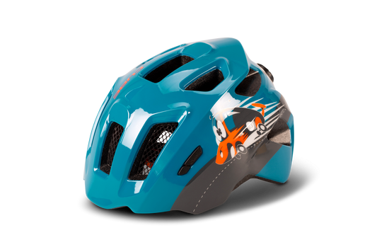 Der CUBE Helm FINK von Cube ist ein blauer Kinderfahrradhelm mit schwarzen Belüftungsöffnungen und einer orangefarbenen Cartoon-Rennwagengrafik - ideal für junge Fahrer.