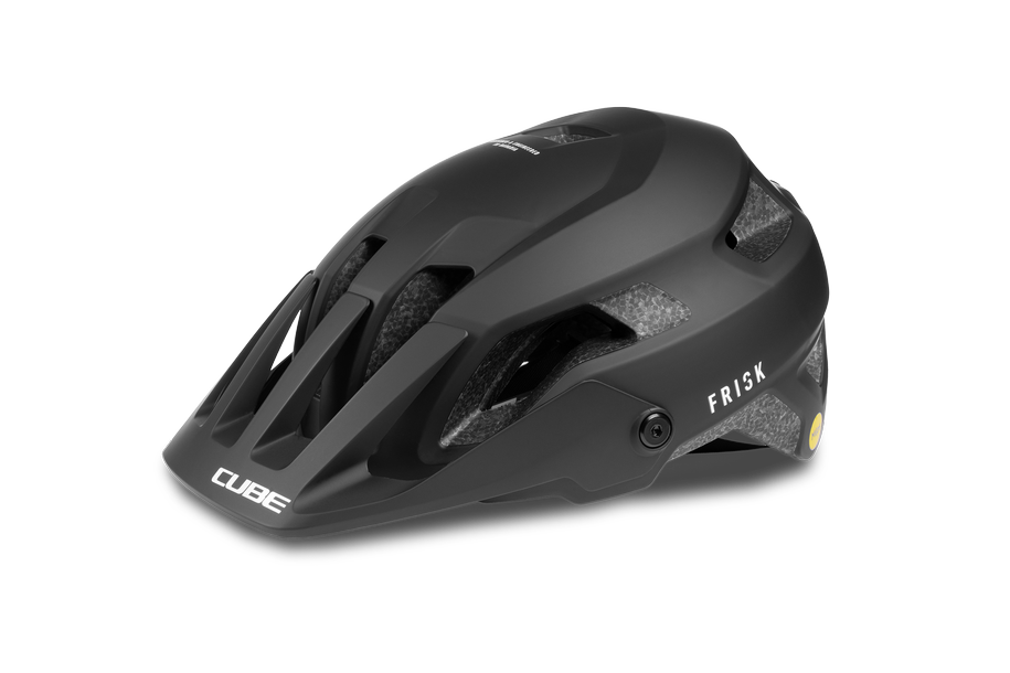 Der Cube Helm FRISK MTB-Trail-Helm in mattem Schwarz mit MIPS-Technologie, kantigem Design, mehreren Belüftungsöffnungen und weißen Cube- und FRISK-Logos wird vor einem schlichten, hellen Hintergrund gezeigt.
