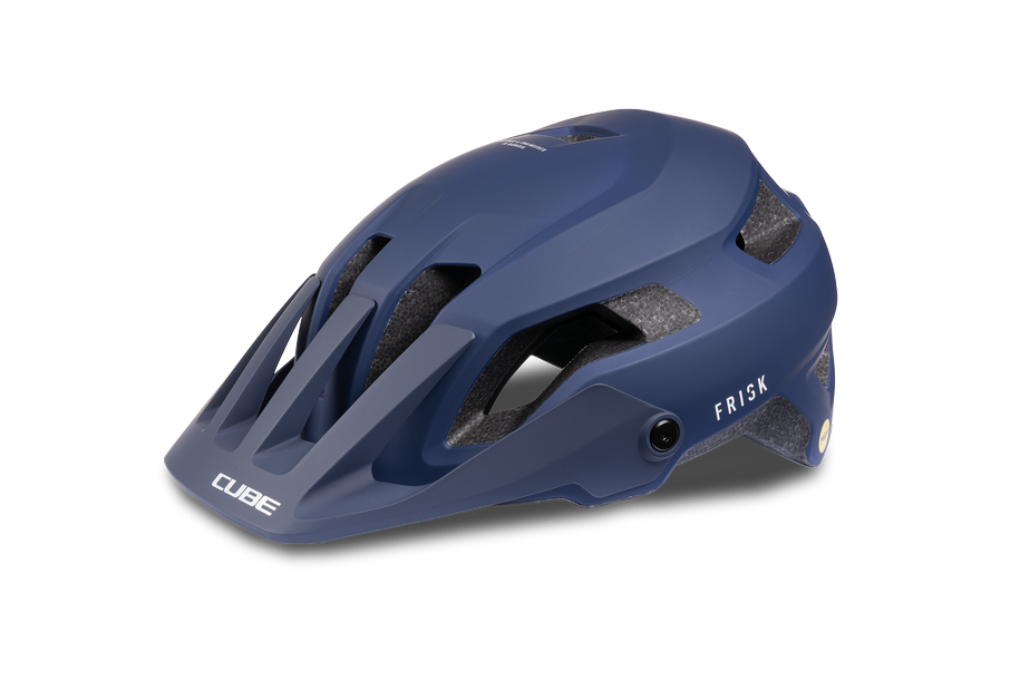 Der CUBE Helm FRISK MTB Trail Helm von Cube ist in mattem Blau mit schwarzen Belüftungsöffnungen, "CUBE" vorne links und "FRISK" an der Seite abgebildet und verfügt über das fortschrittliche CUBE Natural Fit System vor einem schlichten hellen Hintergrund.