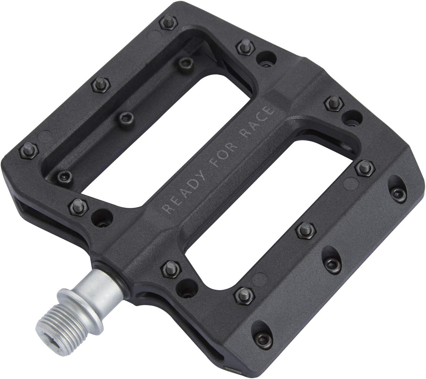 Das RFR Pedale Flat ETP ist ein schwarzes Flat-Pedal von RFR mit einer breiten Thermoplast-Plattform, rutschfesten Pins für zusätzlichen Grip, einem "READY FOR RACE"-Aufdruck auf der Oberfläche und einer silbernen Spindel zur Fahrradbefestigung.