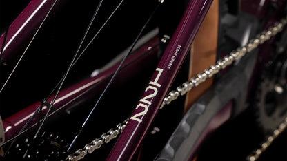 Nahaufnahme des CUBE Stereo Hybrid ONE22 Pro 800 amarone'n'grey 2025 Rahmens mit Kette, Schaltung und Speichen. Zur Ausstattung gehören ein Bosch CX-Antrieb und eine Shimano Cues 10-Gang-Schaltung, alles vor einem schwarzen Hintergrund.