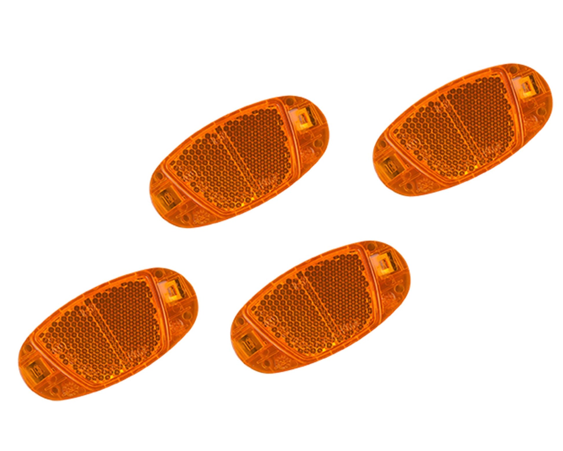 Vier orangefarbene, ovale RFR Speichenreflektor Set CMPT Radreflektoren mit Wabenstruktur, diagonal auf weiß angeordnet; werkzeuglose Montage und StVZO zugelassen. Marke: RFR.