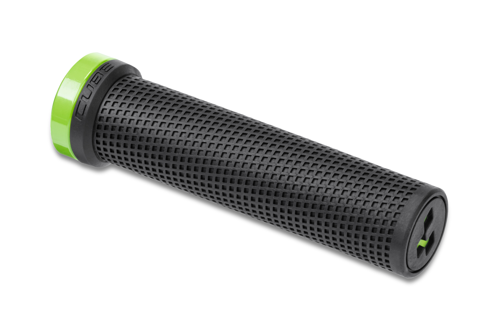 Der Cube CUBE Griffe Race SL ist ein schwarzer, strukturierter Lenkergriff mit grünem Aluminium-Verschlussring und geprägtem "CUBE"-Schriftzug auf weißem Hintergrund - ideal für die Race SL Performance.